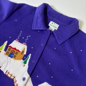 Quacker Factory Fleece Button Up Shirt Womens 1X Purple Winter Skating Village